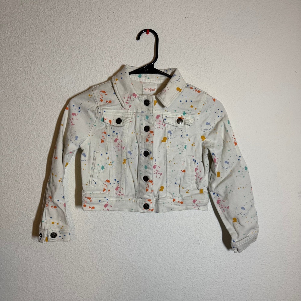 Cat & Jack Girls White Paint Splatter Denim Trucker Jacket Size M 7/8